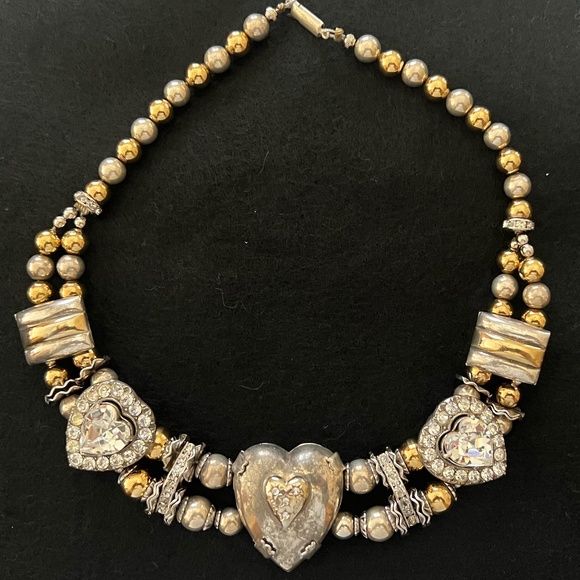 Vintage Ylang Ylang Choker Necklace, Gold Plate & Silver with Glass & Crystals - Picture 4 of 12